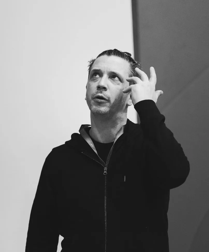 Studio portrait, looking up